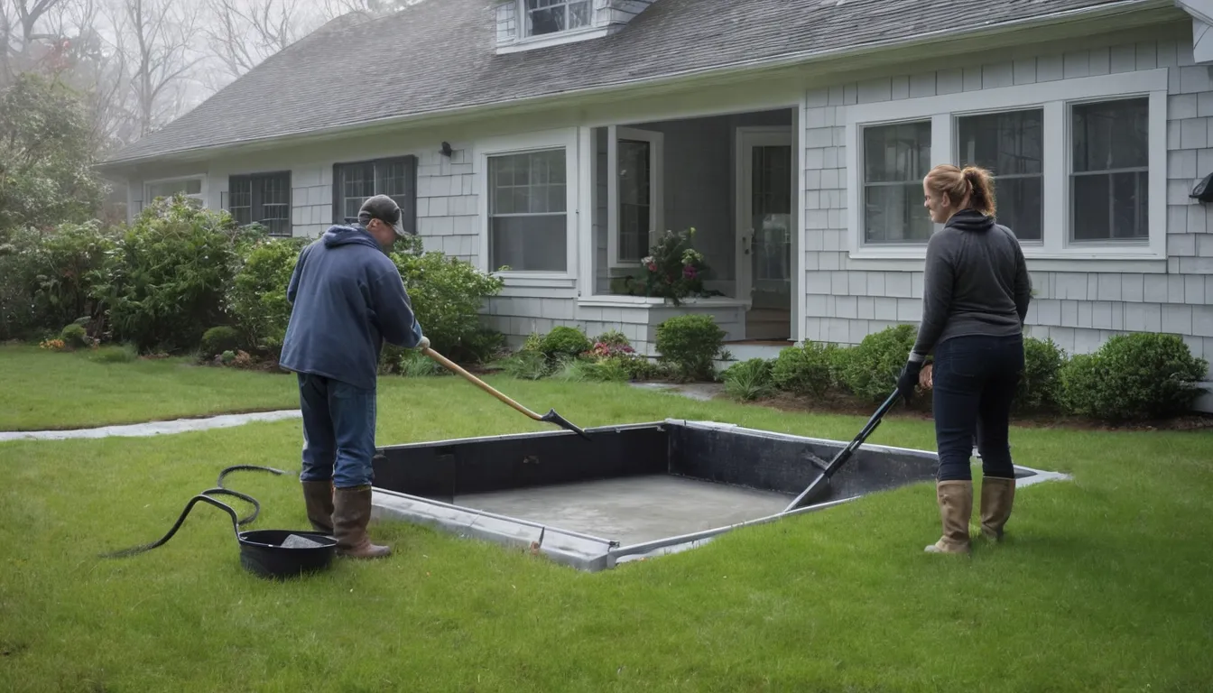A homeowner in Economy looks over a backyard septic tank lid with a provider